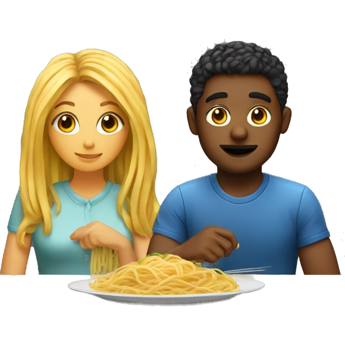 one girl and one guy sitting together at a table with spaghetti on the table emoji