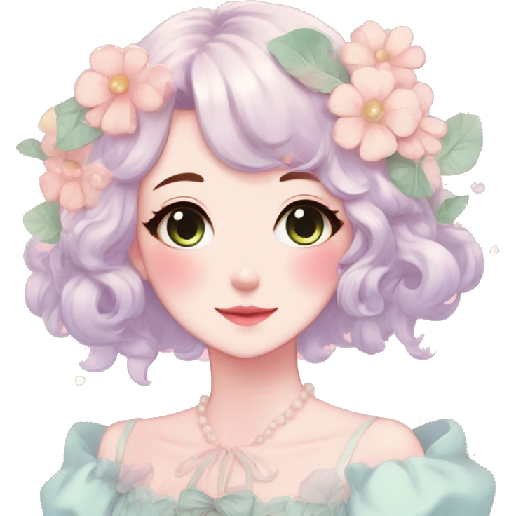 Gorgeous pastel anime style lady with blushing face and flowers cottagecore fairycore pastelcore colorful pearly romantic simplistic aesthetic trending style emoji