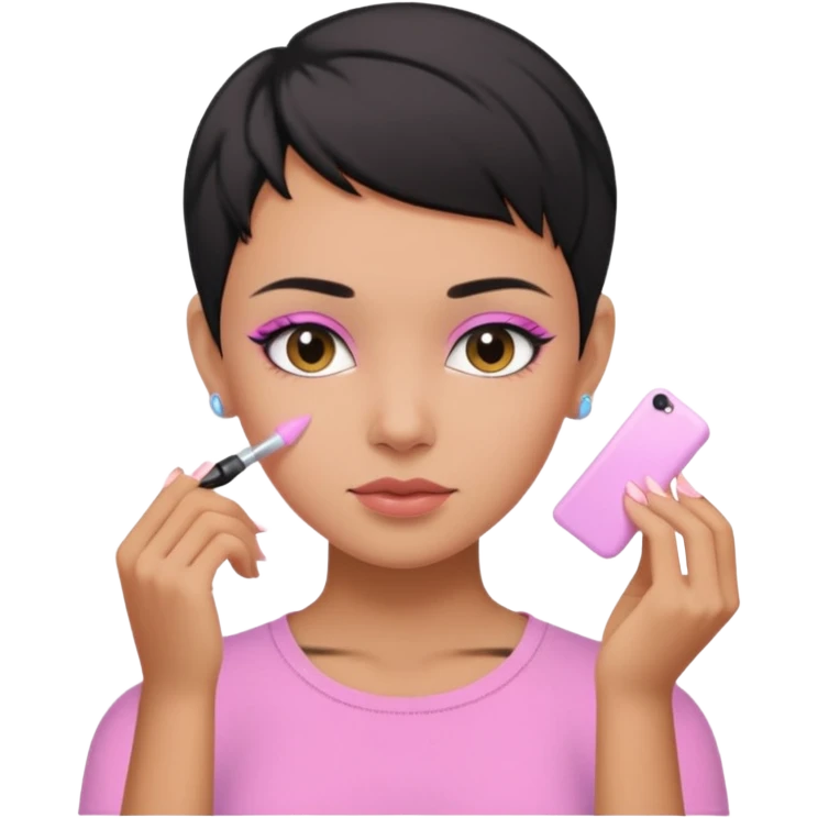 tan girl with no makeup pink shirt with black hair & a pixie, cut no earrings, doing pastel colors skin care emoji
