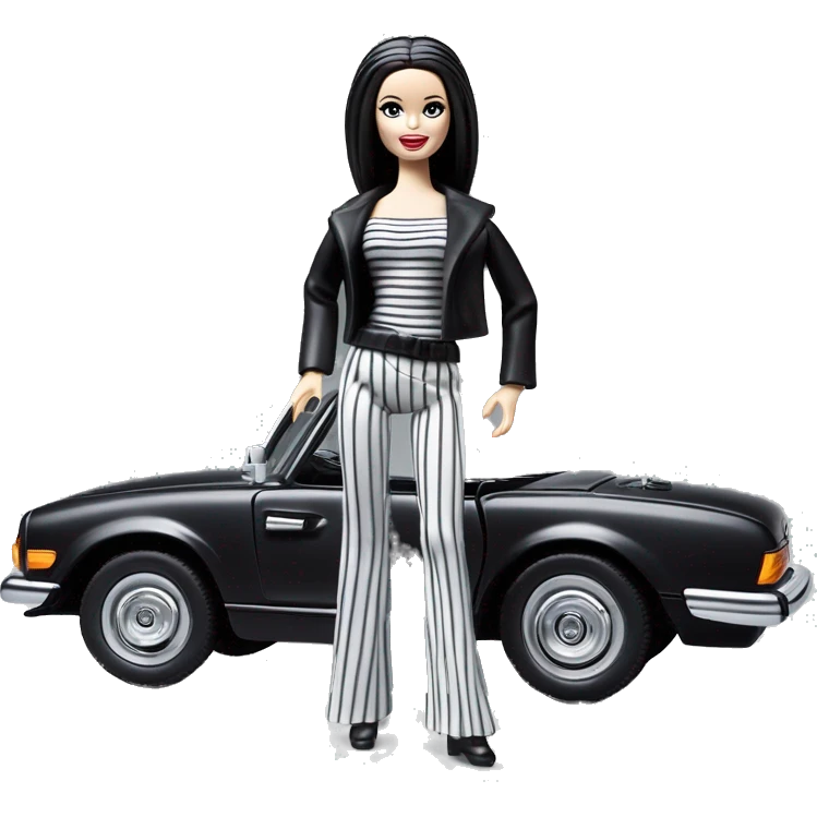 Princess Leia Barbie, 1971 teen Morticia Addams from academy, in dark-gray and black striped outfit. Smiling Driving Mercedes convertible sports car. Very Pale-white porcelain skin.  emoji