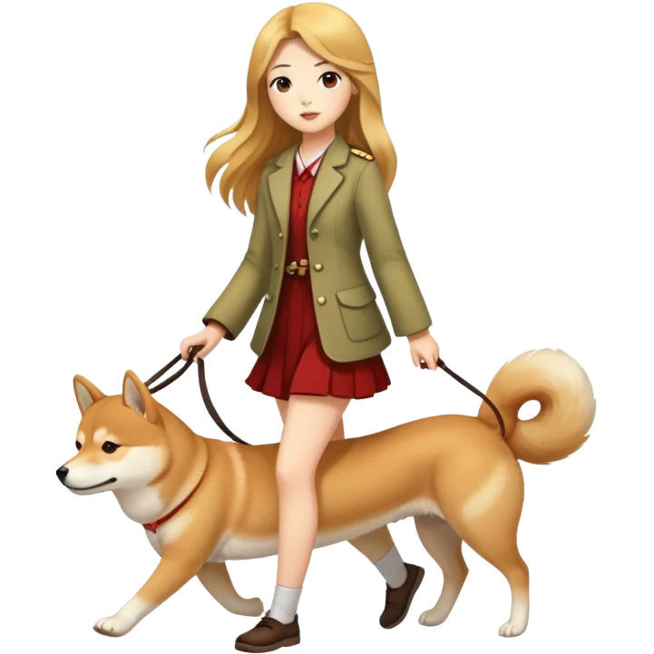 Long-haired beautiful girl walking the Shiba Inu emoji