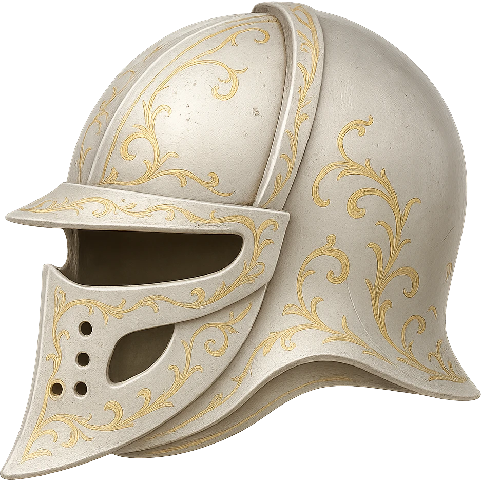 Recolor the helmet to a very light metallic silver color with subtle, elegant gold engravings. The gold should be soft and not too yellow or green, matching the gold tone and style of the provided silver shield reference. Transparent background. emoji
