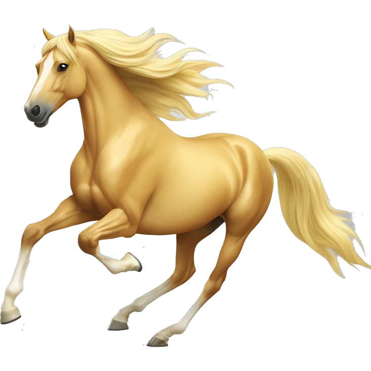 Yellow palomino horse with long flowing mane galloping with prosthetic leg, slender horse, solid yellow horse, running, yellow horse galloping with prosthetic leg, pretty horse emoji