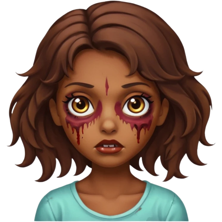 Garota zumbi com cabelos castanhos ondulados médio, olhos castanhos grandes e cílios longos  emoji