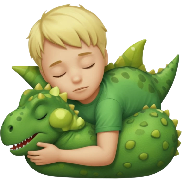 Blond boy sleeping wearing green dinosaur t-shirt emoji