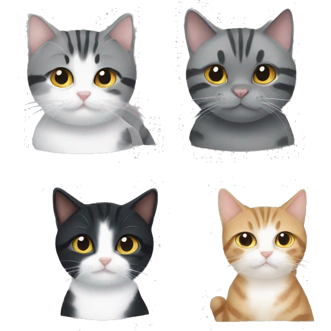 Tabby cat, two black cats, and a grey and white kitten emoji