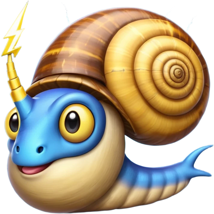 whimsical emoji of a snail with a glowing lightning bolt shell eyes looking at the viewer emoji