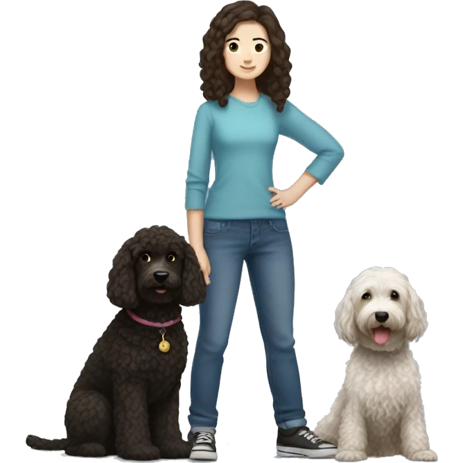 Short haired Brunette girl with blue eyes holding a black and white golden doodle emoji