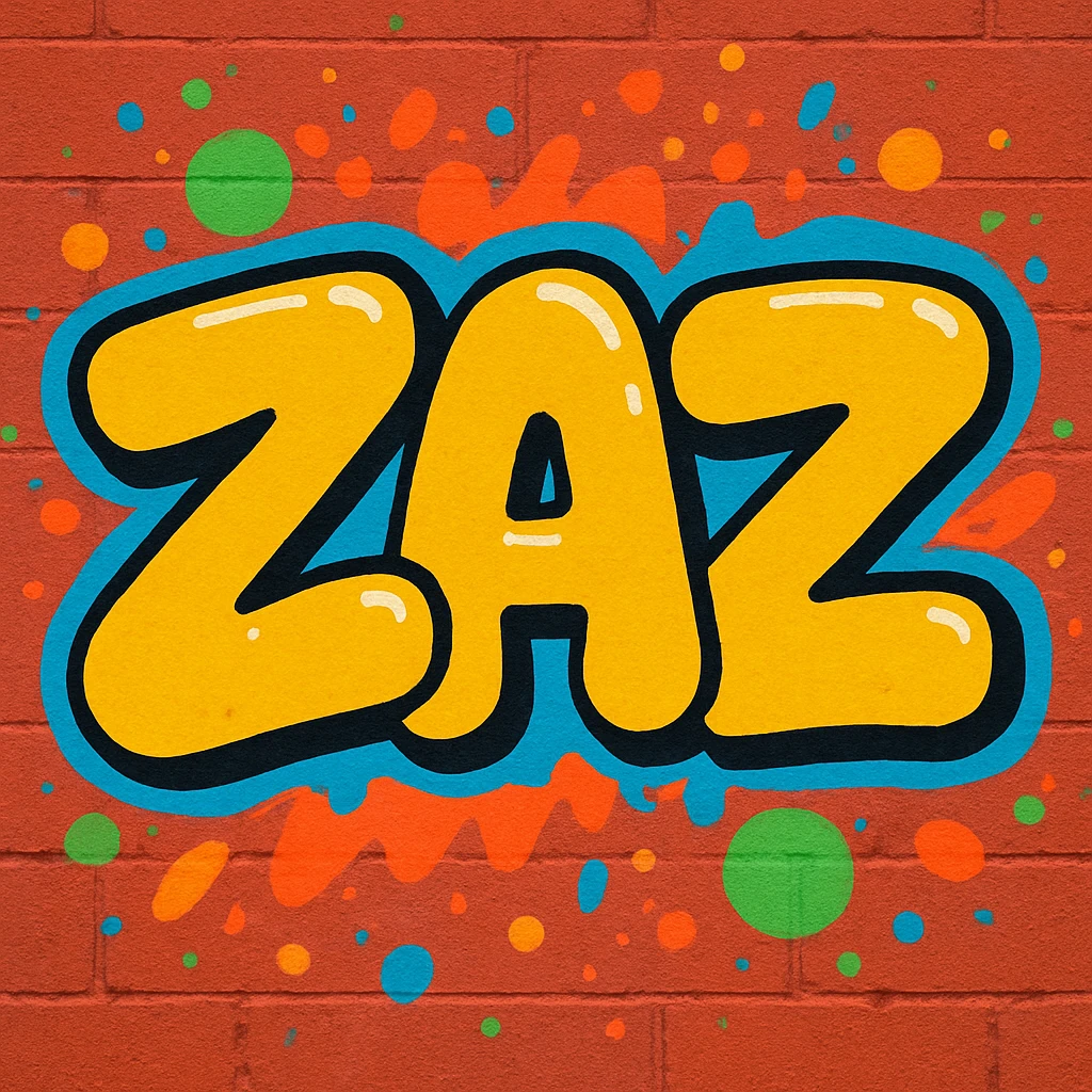 Graffiti text "ZAZ" in bubble graffiti style. Rounded, playful letters with a fun and vibrant look. emoji