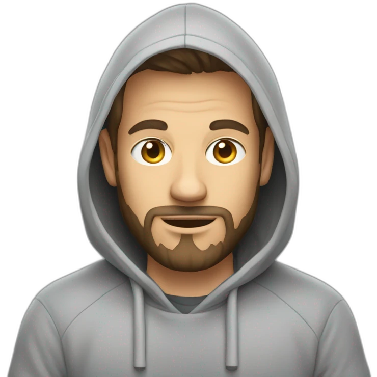 A white software developer in a gray hoodie and with a very short beard in front of an apple laptop emoji