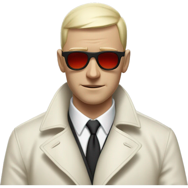 <excerpt>
A white man with real buzz cut Black hair, short mutton shops donning small red tinted sun glasses in a dirty white trench coat, is serious.
</excerpt> emoji