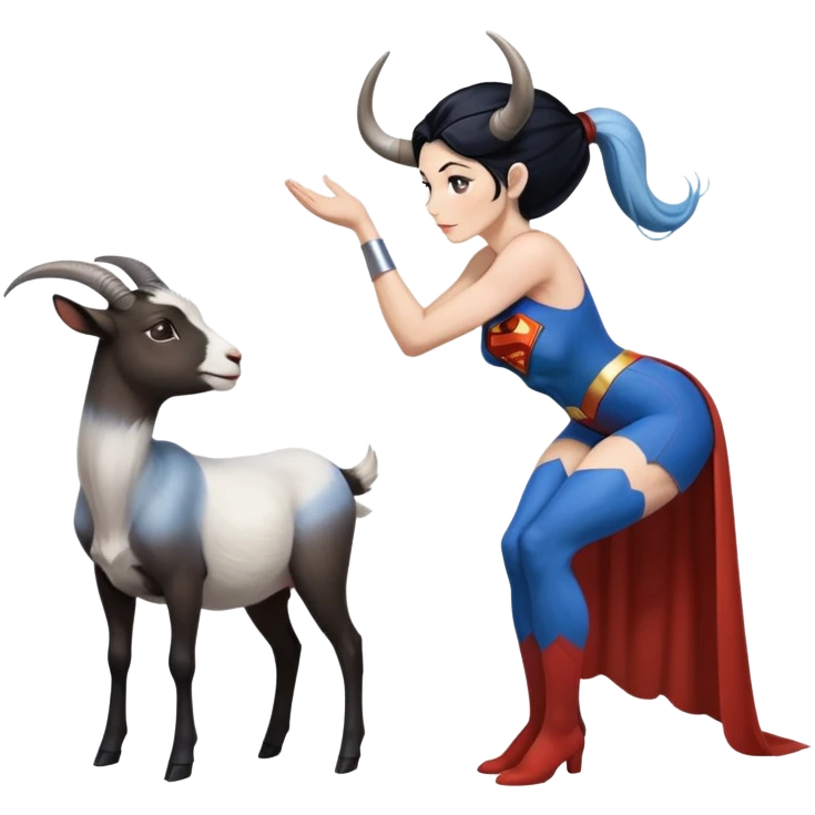 Art of a human white womans very perfect body scheme anatomy-very long and straight black to blue hair ombre with-tiny goat antlers-leaning back on knees-superman standing on her right-looking at each other emoji