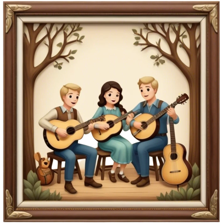 Icon for Country Music: The Carter Family, featuring a vintage scene with an acoustic guitar, banjo, and autoharp. Classic country aesthetics with warm, rustic tones, symbolizing their influence on folk and country music. Transparent background. emoji