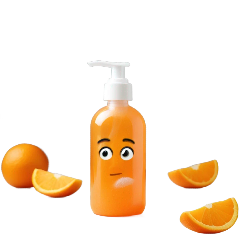 orange face wash in glass pump bottle  emoji