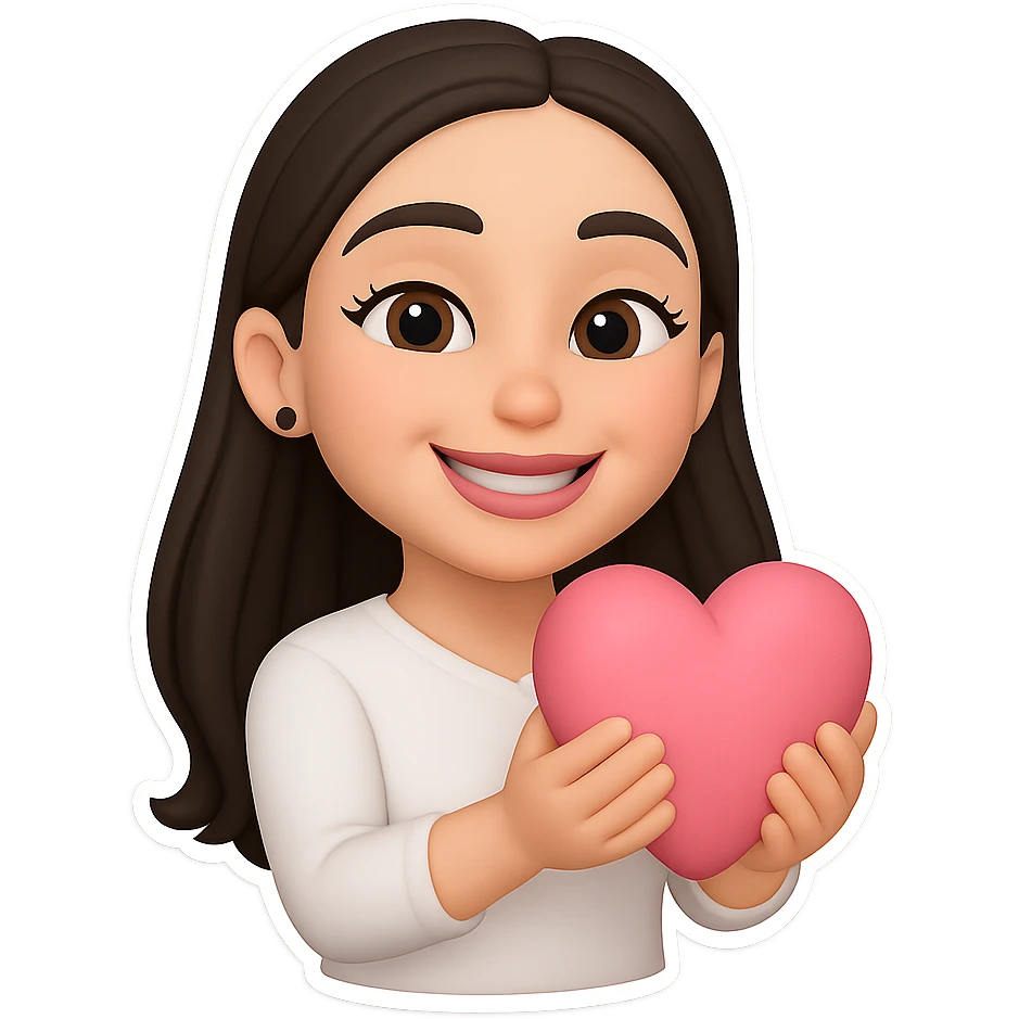Create a chibi sticker of the girl from the reference image holding a pink heart and smiling. Use 3D bitmoji style with a white outline and transparent background. emoji