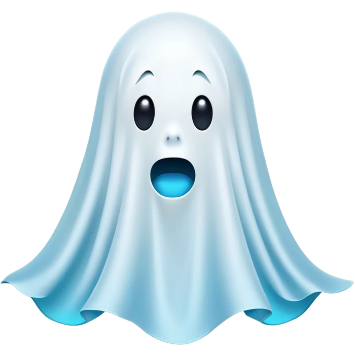 A hilariously exaggerated floating sheet ghost, its simple yet expressive form billowing with animated energy in vibrant whites and pale blues, with two wide, comically shocked eyes and a quirky, startled mouth, simplified yet overflowing with personality, highly detailed with a soft neon-like glowing outline, capturing the playful absurdity of a ghost caught off guard! emoji