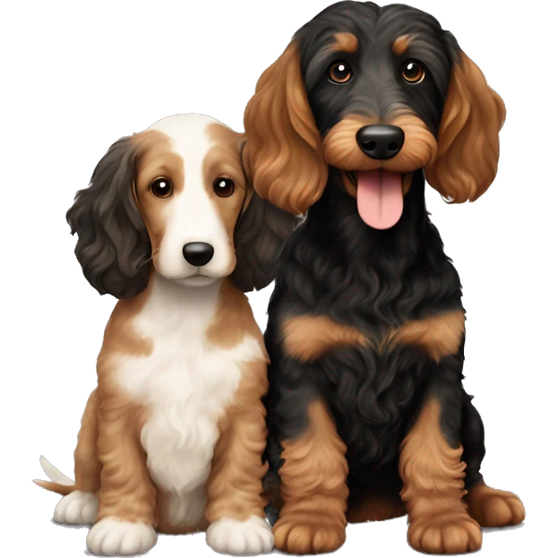 Brown golden doodle and black and tan and cream dachshund sitting together ￼￼ emoji