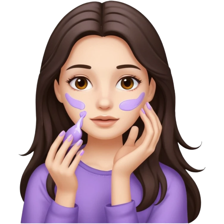 brunette girl with long hair applies lavender cream to her face emoji