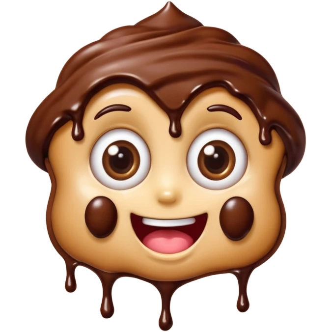 Funny cartoon chocolate mini pastry, crazy wide eyes, messy chocolate dripping, smiling distorted face, chibi style, Twitch emoji style, transparent background, colorful emoji