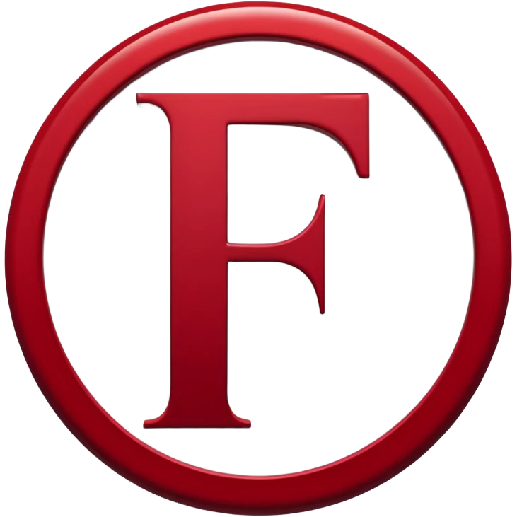 a letter F in white color surrounded with a circle deep red circle, the whole combination has a liquid texture to it and is giving the mackintosh vibes emoji