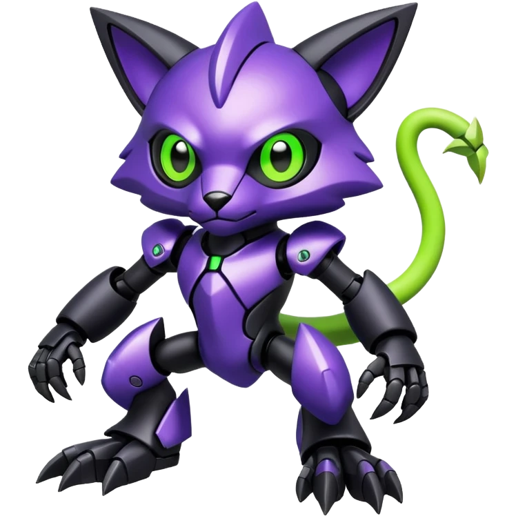Futuristic modern mechanical badass cool shiny metallic alloy black-obsidian purple neon-green white lime animal hybrid Fakemon full body emoji