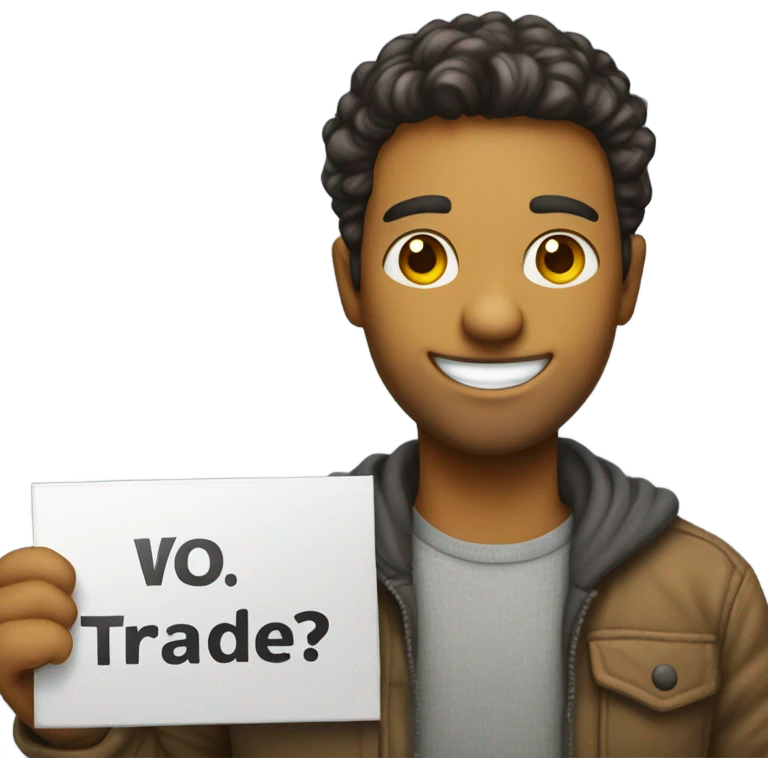 smiling male portrait indoors holding a sign that says “Trades?” emoji