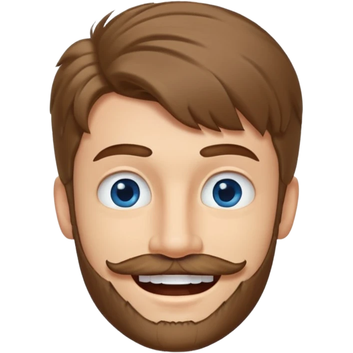 25 year old man, short scruffy beard and thin moustache, brown puffy mullet, blue eyes, big smile, white teeth, big lips, pronounced jaw, hair longer in back, sticking up on top, thin face emoji