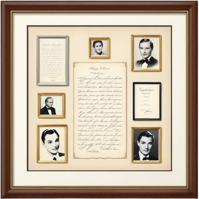 Icon for Autograph Collecting: several vintage sheets in frames with famous celebrity signatures on them, with a classic fountain pen nearby. The icon should evoke the elegance and rarity of collecting autographs. Transparent background. emoji