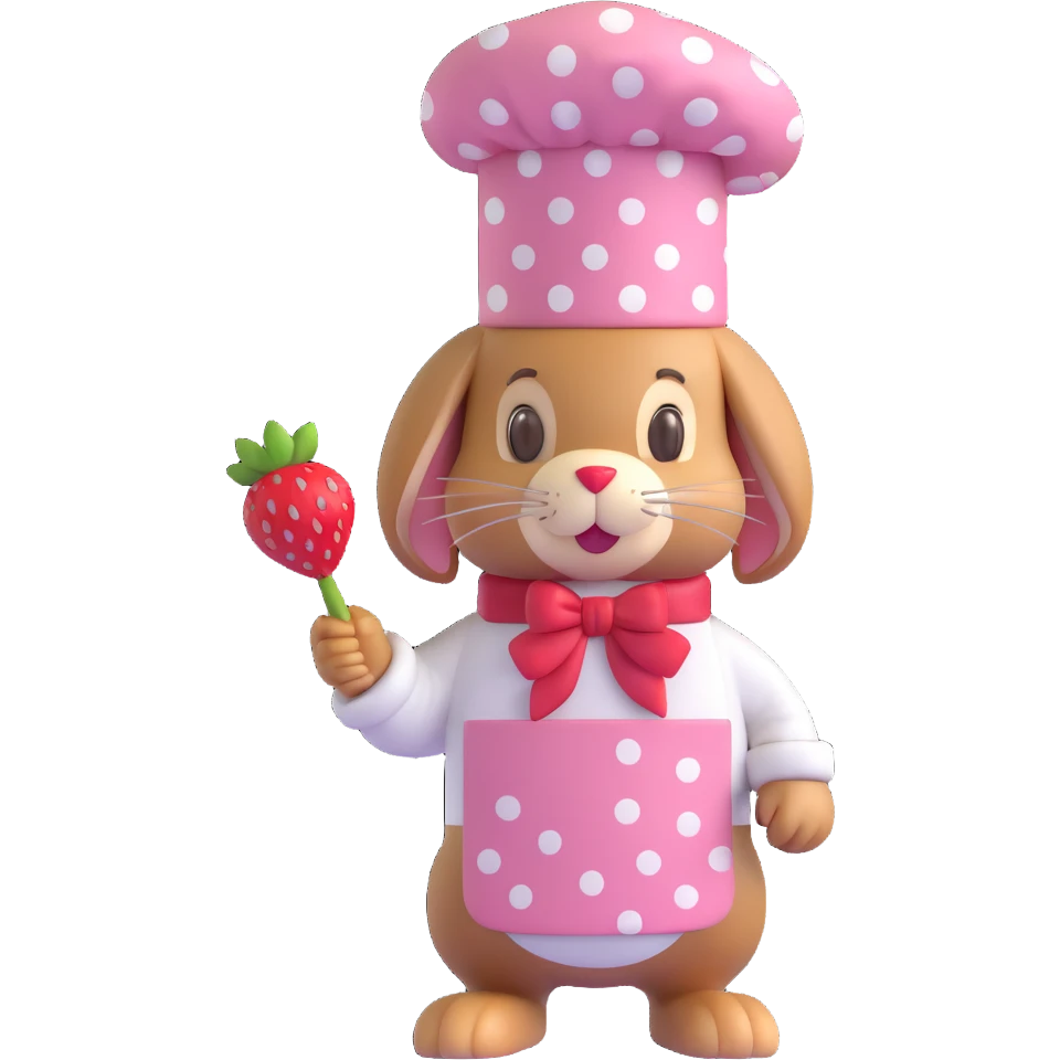 A 3D iOS 18-style bunny wearing a pink chef hat with white polka dots and a red strawberry. The bunny should have a light brown fur texture with darker brown ears and a cute, friendly expression. emoji