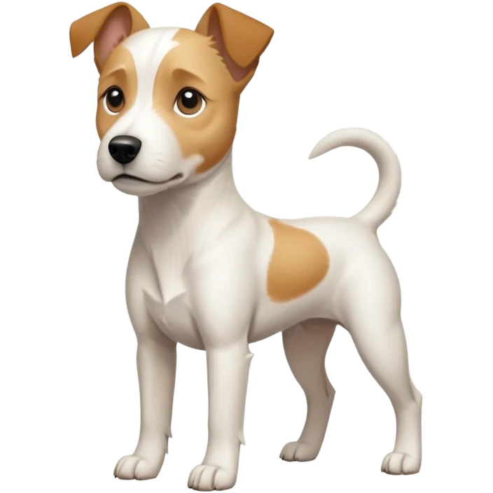 a full body facing front on of a buff white parson russell terrier looking dog the size of a kelpie with light brown long ears and a light brown patch on one eye and a large snout. the rest of the dog is completely white.  emoji