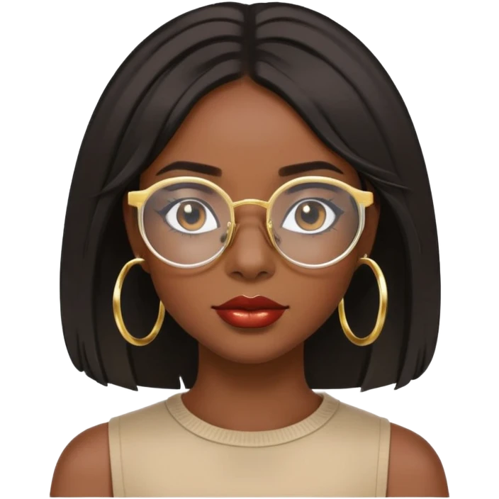 Dark Black girl with shoulder length bob with layers. She wears clear glasses and has on small gold hoop earrings and lipgloss emoji