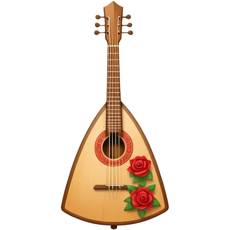 Create a refined and traditional emoji representing the 'Prima' balalaika. The design should feature the distinctive triangular shape of the balalaika, with visible strings and a beautifully crafted wooden body. Add subtle details like a decorative rosette or pick to emphasize the craftsmanship. Use warm wood tones, like rich browns and honey shades, to highlight the traditional and premium nature of the instrument. The background should be transparent. emoji