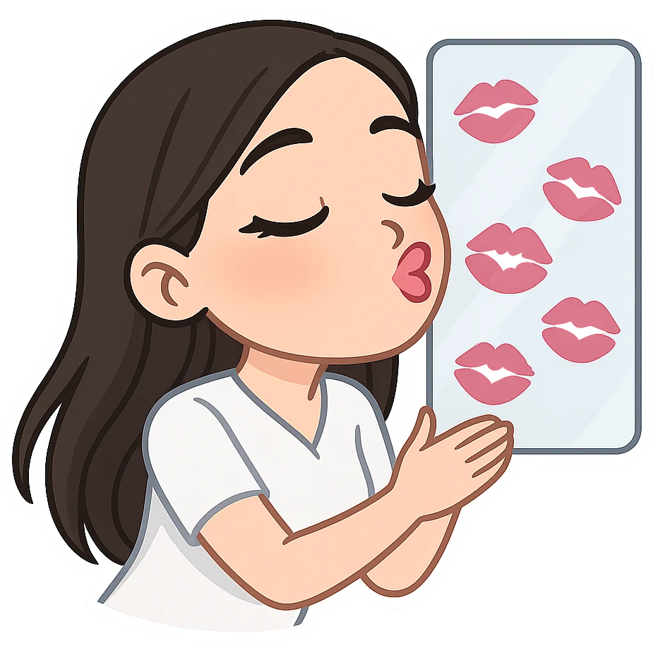 Create a chibi sticker of the girl from the previous successful bitmoji chibi stickers, kissing the screen with the screen covered in lipstick marks. She has long hair, the same face and style, with a white outline and transparent background. emoji