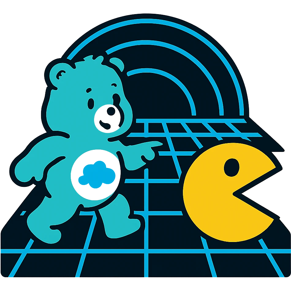Care Bears and Pacman exploring a digital grid world, Tron-inspired emoji
