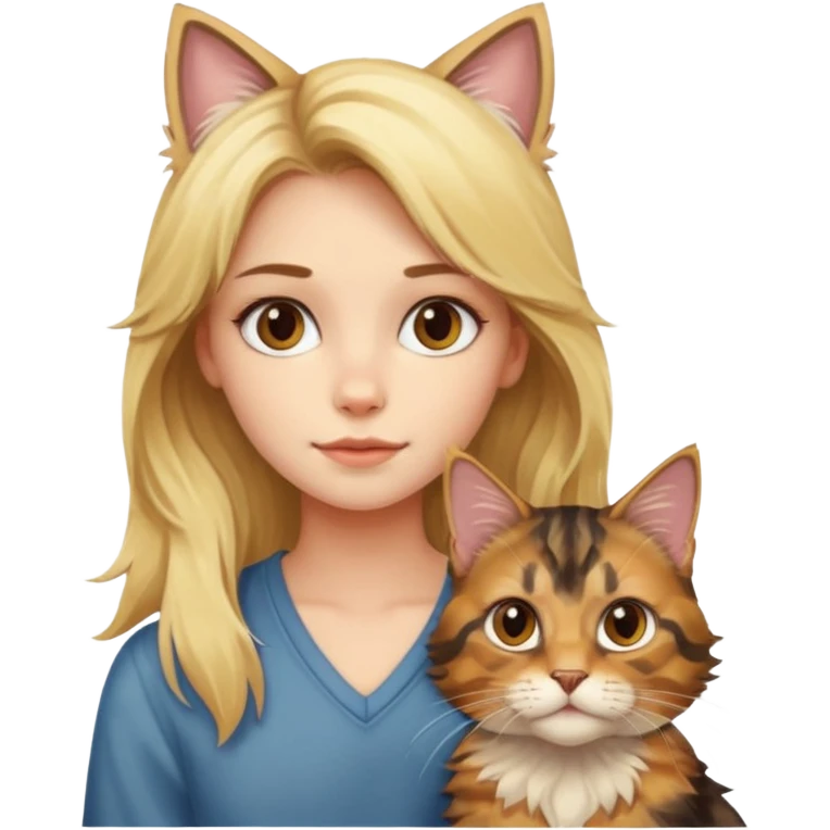 blonde girl with a maincoon cat and a tortie cat emoji