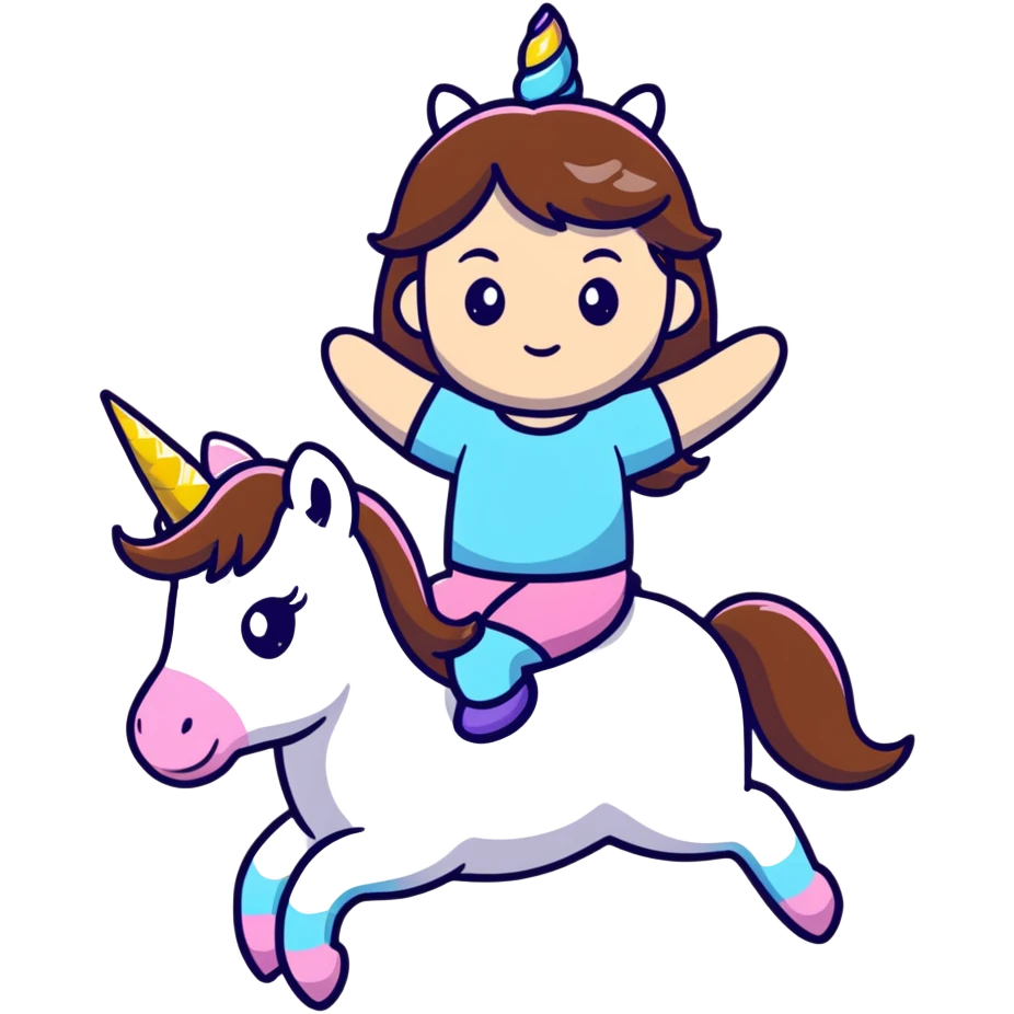 short girl with long brown hair riding a unicorn emoji