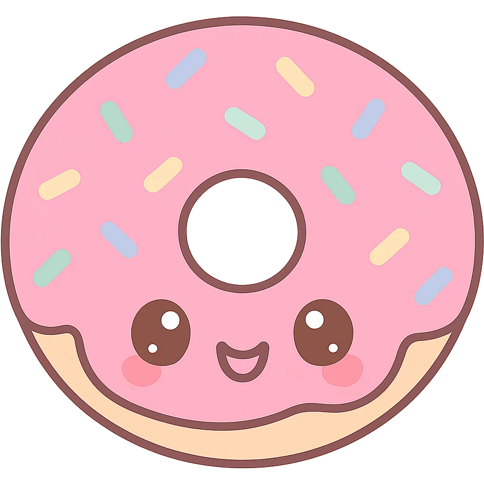 kawaii style donut, happy expression, pink icing, colorful sprinkles, cartoon style, joyful mood emoji