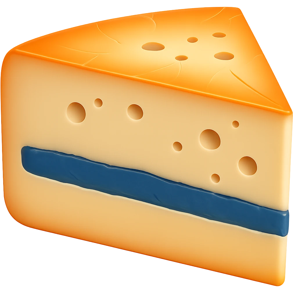 Make the blue-grey ash line in the center of the Morbier cheese wedge noticeably thicker, keeping the rest of the cheese details the same. Maintain the apple emoji style with soft lighting and subtle shadows. Transparent background, emoji scale. emoji