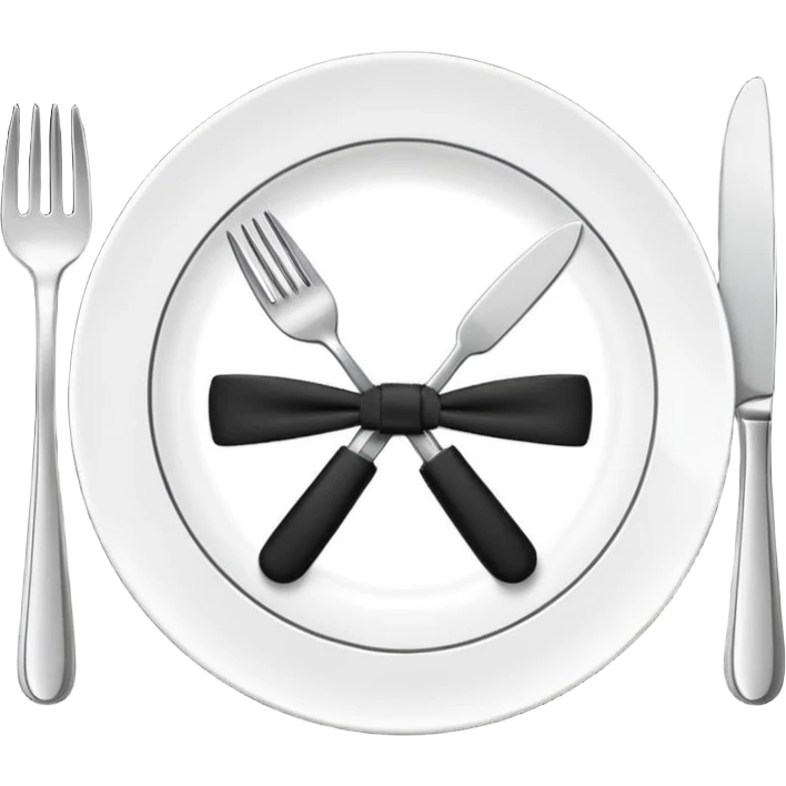 Minimalistic flat vector icon, iOS style, thin black contour on white background. Fork and knife crossed on a plate with a small bow tie above. Clean, no text, no shadows emoji