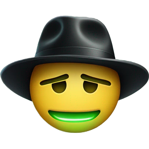 flushed face emoji with a green glowing face, wearing a black fedora hat emoji