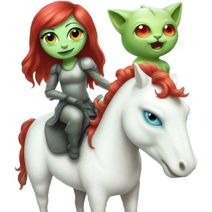 [politically incorrect
	{ woman: alien, color: light green, hair:red, eyes:cat} ]
	on a 
	[{ unicorn: white, legged:four, mane: light blue }] emoji