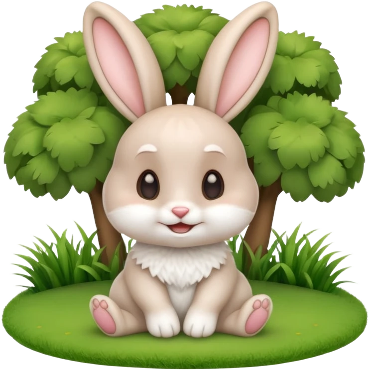 A cute 3D cartoon rabbit sitting on green grass, soft white fur, big ears, round eyes, and a cheerful smile, bright natural lighting, Memoji-style. emoji