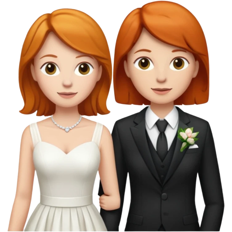 lesbian couple getting married. one ginger one brunette. ginger in a suit, brunette in a dress. BOTH GIRLS only one ginger both white emoji