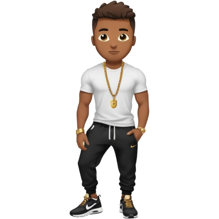 Handsome Black guy with brown skin tone, with muscular build, wearing black sweatpants, a white t-shirt, black Nike air max, a gold rope chain, and a gold watch  emoji