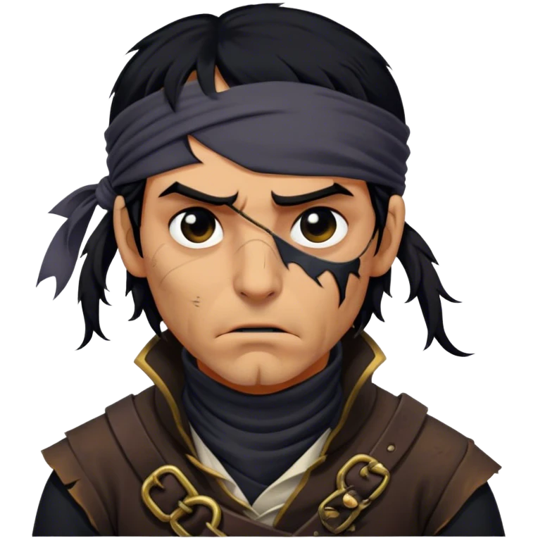 A battle-worn pirate with tangled black hair, a torn eye patch, and a deep scar running down his cheekturtleneck, staring blankly at the viewer emoji