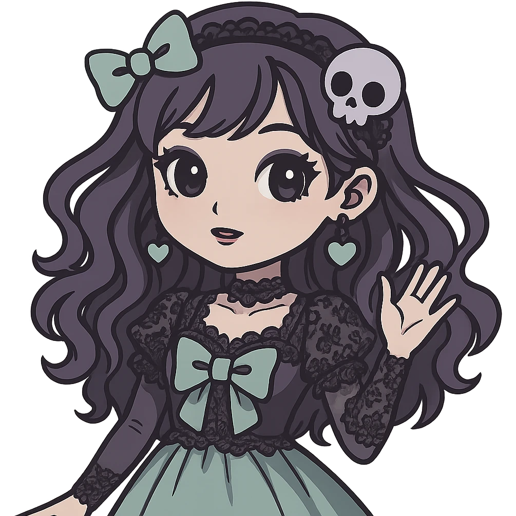 Edit the image of a dreamy pastel goth K-pop girl with dark lavender and mint colors, gothic lace, and a whimsical pose. The girl should have adorable accessories. Remove the background. The style should reflect dreamy pastel goth with gothic lace and a dark lavender and mint color palette. emoji