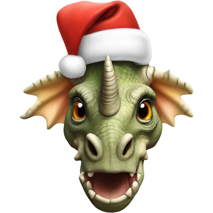 A fierce big adult Triceratops wearing a santa top hat emoji
