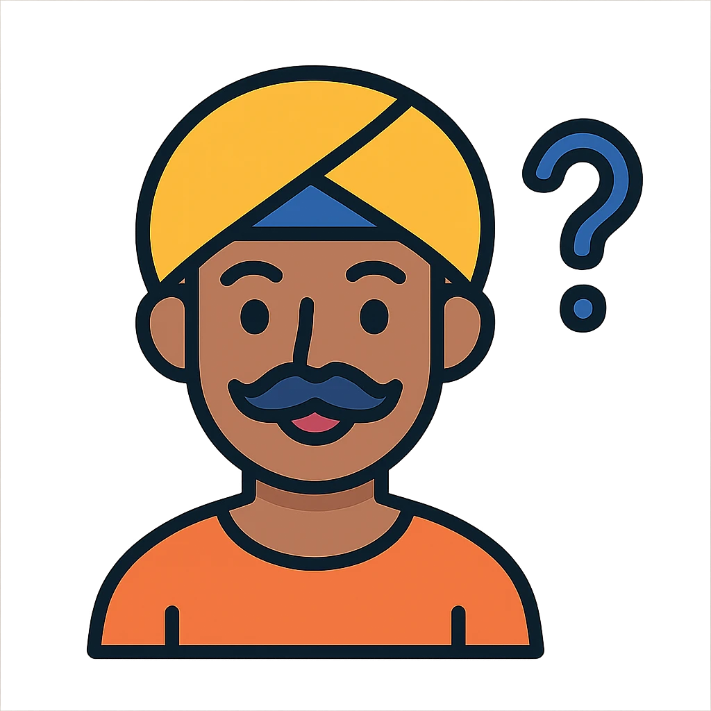 smiling, curious Indian young man with a moustache, flat color icon style emoji