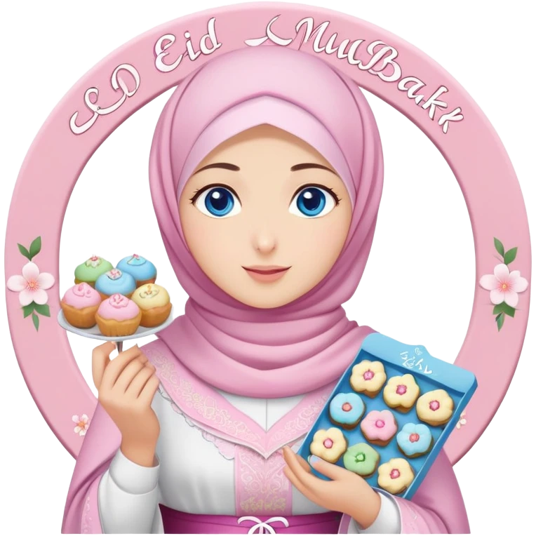 Turkish beautiful finish Konya girl blue eyes with pastel sakura hijab islamic dress and had on her hand text Eid Mubarak with sweets and celebrating with her friends eid days   emoji