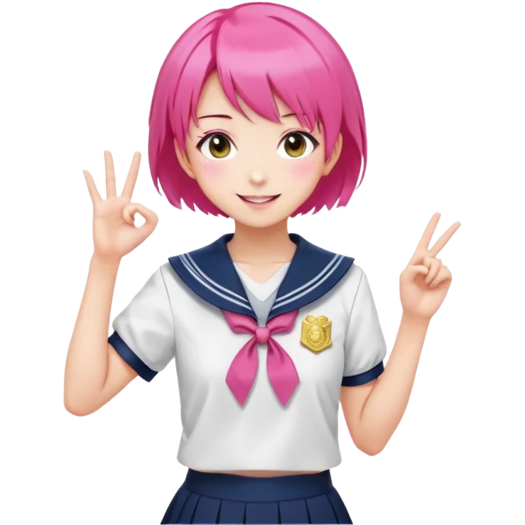 Anime girl with short bright pink hair wearing Japanese sailor style school uniform, composed posture with hand on hip but with excited smile and sparkling eyes, happy expression emoji